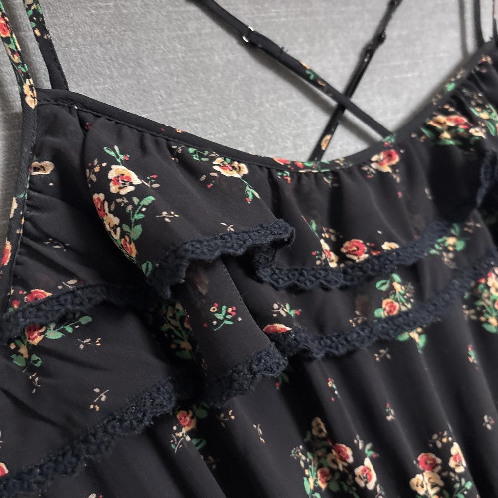 Guess Dress 4 Black Floral Maxi Ruffle Tiered Strappy Sundress Boho Summer Beach - Picture 3 of 10